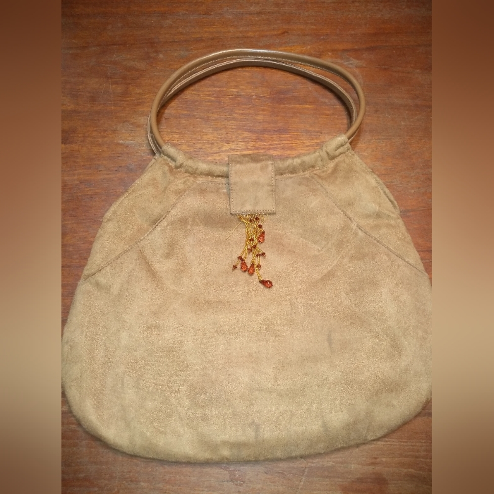 Light Brown Glow for JLO Faux Suede Hand Bag, Two Handles, Orange Lining